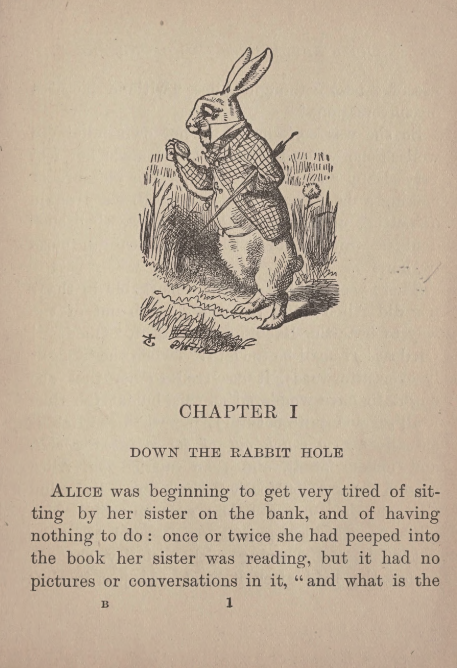 Page from Alice in Wonderland, illustrated by Sir John Tenniel, printed by the Dalziel Brothers. Image shows the White Rabbit checking his watch.
